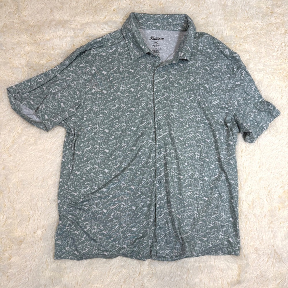 NWOT Hallstatt Polo Shirt Mens XXL Green Wave Print Short Sleeve Stretch Coastal